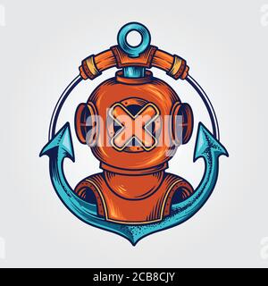 Taucher Helm und Anker Logo Scuba Tattoo Helm Illustrationen. Stock Vektor