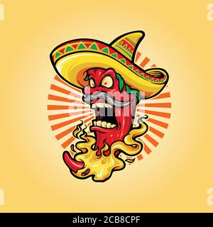 Mexikanische rote Chili-Pfeffer mit Hut Symbol Mascot Logo Für Speisen und Getränke im Restaurant Stock Vektor
