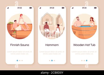 Spa Resort für Paare Onboarding mobile App Bildschirm Vektor Vorlage. Finnische Sauna. Marokkanisches Hammam. Holzwhirlpool. Rundgang durch die Website Schritte mit fl Stock Vektor