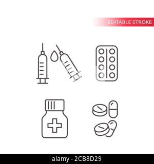 Medizinische Medikamente dünne Linie Vektor-Symbol-Set. Spritze, Pillen, Tabletten und Kapseln mit einer Flasche Umrisssymbole, editierbare Schlaganfall. Stock Vektor