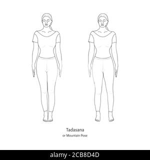 Tadasana oder Berg Pose. Füße zusammen und Füße auseinander Variationen. Vektor. Stock Vektor