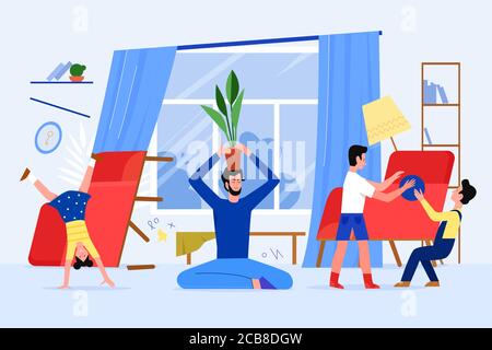 Vater Familie Zeit mit Kindern zu Hause Vektor-Illustration. Cartoon Wohnung Papa Charakter entspannend und ruhig zu halten, dabei Yoga in Lotus Asana, während freche Kinder spielen, glückliche Vaterschaft Hintergrund Stock Vektor