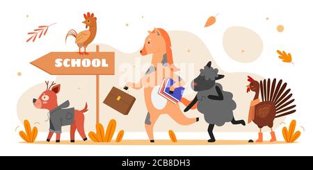 Tiere gehen zur Schule Vektor-Illustration. Cartoon Wohnung niedlich animalistischen Charakter halten Buch und Schultasche, Hirsch Hahn Pferd Schafe laufen zur Schule, Motivation Bildungskonzept isoliert auf weiß Stock Vektor