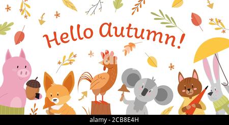 Tiere mit Hallo Herbst Schriftzug Konzept Vektor Illustration. Cartoon Wohnung animalistischen Wald fallen Hintergrund, Schwein mit herbstlichen Eichel, Hase im Schal hält Regenschirm, Fuchs Hahn Koala Zeichen Stock Vektor