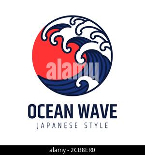 Wasser und Ozean Welle Linie Kunst Logo Design Vorlage Vektor. Orientalisch-japanisches Grafikdesign. Stock Vektor