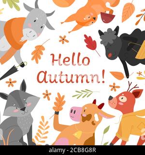 Hallo Herbst, niedlichen Herbst Konzept Vektor Illustration. Cartoon flache florale herbstliche Hintergrund, Kinder Karte Design mit lustigen wilden Zoo Bauernhof Tiere halten gefallen gelben Baum Blätter, Regenschirm oder Pilze Stock Vektor