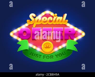 Retro-Schild mit Lampe Special Offer Banner. Vektor Illustration Design mit Grafik-Element, Emblem, Rabatt, Webseite, Flyer, Promotion, Anwendung Stock Vektor