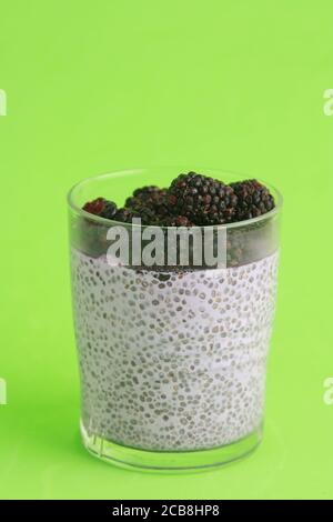 Vertikaler Schuss Chia Pudding in einem Glas mit Brombeere Topping isoliert auf einem grünen Hintergrund Stockfoto