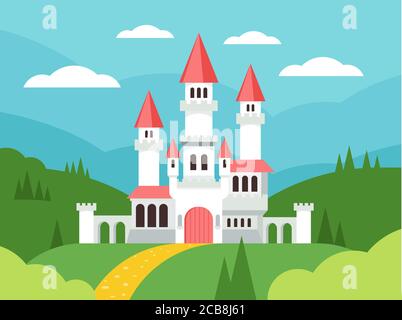 Märchenhafte Cartoon flache Landschaft mit Schloss. Niedlichen Fantasy-Palast mit Türmen, Fantasy-Feenhaus. Alte mittelalterliche Stein Magie Ritter Burg Gebäude Vektor Illustration Stock Vektor