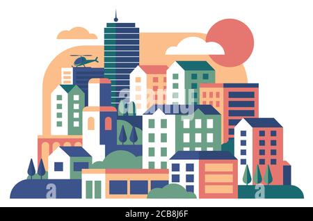 Stadtgebäude flache Vektorgrafik. Stadthaus, Eigentumswohnung. Apartmenthäuser. Stadtbild, Hubschrauber über mehrstöckigen Strukturen fliegen. Wolkenkratzer, Stadtstraße mit verschiedenen städtischen Gebäuden Stock Vektor
