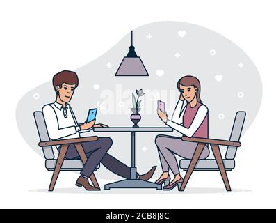 Dating-Paar Browsing Smartphones, während mit romantischen Abendessen im Café Gemeinsam Stock Vektor