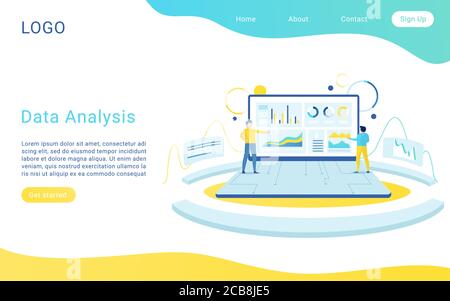 Webanalyse Landing-Page-Vektorvorlage. Big Data Analyse Website Design Layout. Personen mit Laptop-Grafik und Diagrammen. Usability-Tests und User Experience 2d-Konzeptdarstellung Stock Vektor