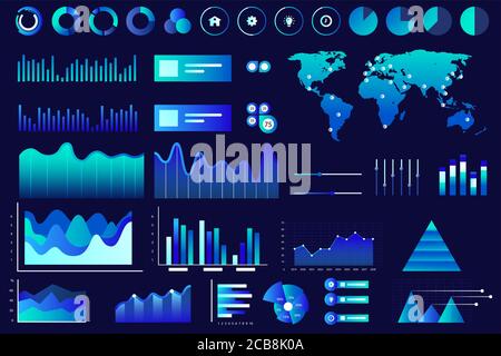 Bildschirm mit verschiedenen Vektorgrafiken, Diagrammen und Diagrammen. Blaue Neon-Farbe futuristische ui-Infografiken auf dunklem Hintergrund. High-Tech-Panel, interaktive Grafik Vektor Illustration Stock Vektor