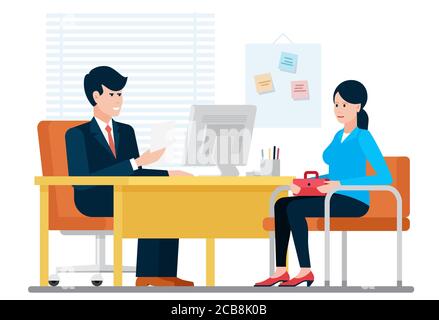 Frau mit einem Job-Interview Recruiting mit hr Geschäftsmann, während Sitzen in der Nähe von Schreibtisch im Büro Vektor-Illustration Stock Vektor