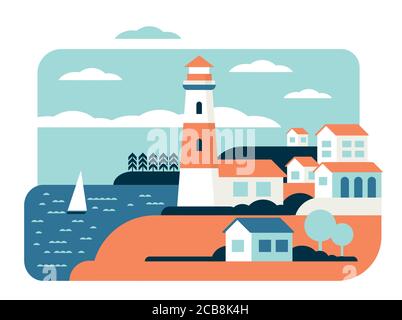 Leuchtturm flache Vektor-Illustration. Küstenturm. Navigationshilfe für Segler. Meeresbau. Seehafen. Sommerurlaub, Meer Stadt Landschaft. Mediterrane Stadt, Kreuzfahrtschiff. Küste am Meer Stock Vektor