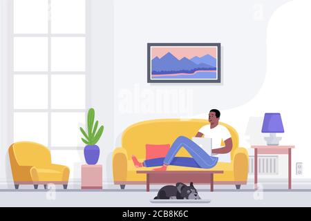 Junger afroamerikanischer Mann ruht und entspannt zu Hause auf einer bequemen Couch im Wohnzimmer mit Laptop liegend, genießen Freizeit allein, Procrastination flache Vektor-Illustration Stock Vektor