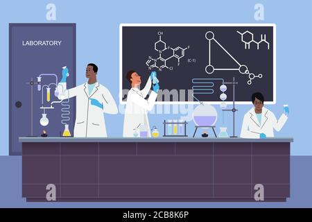 Labor junge Wissenschaftler Assistenten arbeiten in wissenschaftlichen medizinischen chemischen oder Biologische Labor tun Experimente Vektor Illustration Stock Vektor