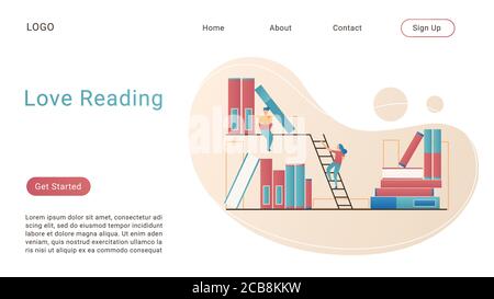 Liebe lesen Landing Page isometrische Vektor-Vorlage. Bildung, Studium und Literatur 3d-Konzept. Buchlesung und Informationssuche. Hobby, Freizeit. Homepage-Layout der Bibliothek und Buchhandlung Stock Vektor