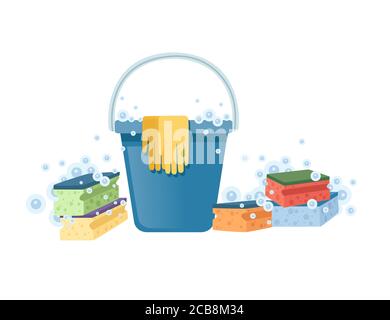 Eimer mit Schaumschwämme und chemische Flaschen Reinigungswerkzeuge Haushalte Flache Vektorgrafik der Ausrüstung auf weißem Hintergrund Stock Vektor