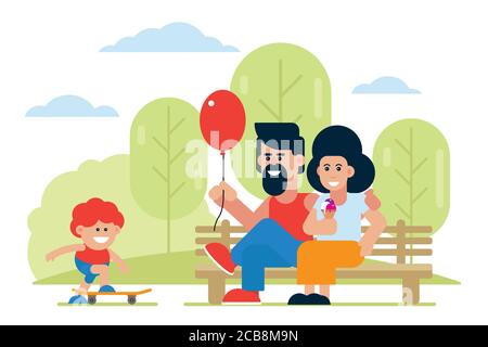 Fröhliche Eltern mit Ballon und Eis Blick auf Sohn Reiten Skateboard. Positive Familie verbringt Zeit zusammen Vektordarstellung Stock Vektor