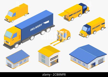 Satz von isometrischen Vektor-Illustration von verschiedenen Lieferung Service-Fahrzeuge Und Lagergebäuden Stock Vektor