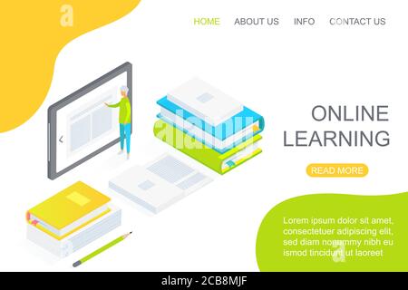 Isometrische Person mit großen Tablette inmitten Lehrbücher für Online gewidmet Abbildung des Konzeptes der Landing Page für den Bildungsbereich Stock Vektor