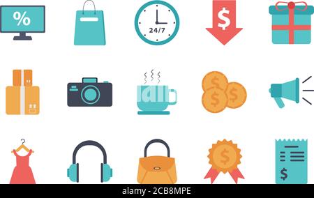 Bundle von fünfzehn Shopping-Set Sammlung Symbole Vektor Illustration Design Stock Vektor