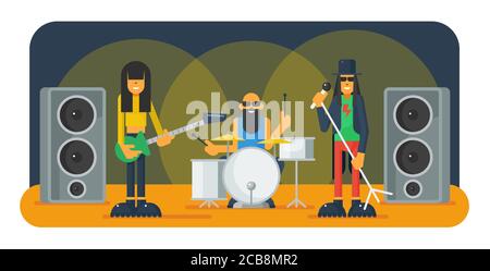 Rock Band flache Vektor-Illustration. Gitarrist, Sänger und Schlagzeuger in Szene Zeichentrickfiguren. Musikband auf Festivalparty. Musiker, die auf der Bühne singen. Rock-n-Roll-Konzert Stock Vektor