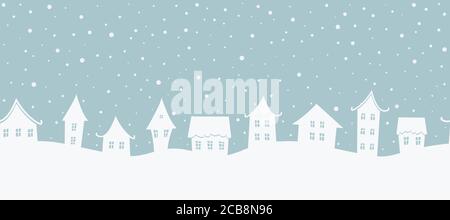 Weihnachten Hintergrund. Winterlandschaft. Nahtloser Rahmen. Es gibt weiße Häuser auf graublauem Hintergrund. Vektorgrafik Stock Vektor