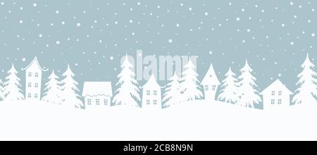 Weihnachten Hintergrund. Märchenhafte Winterlandschaft. Nahtloser Rahmen. Es gibt weiße Häuser und Tannenbäume auf graublauem Hintergrund. Winterdorf. Stock Vektor