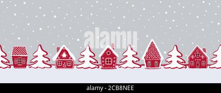 Weihnachten Hintergrund. Lebkuchendorf. Nahtloser Rahmen. Märchenhafte Winterlandschaft. Es gibt rote Lebkuchenhäuser auf einem grauen Hintergrund Stock Vektor