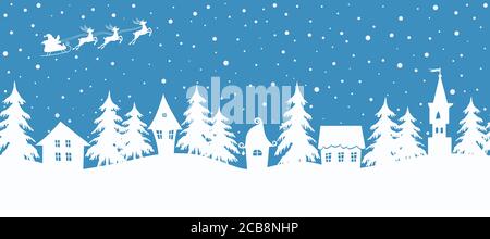 Weihnachten Hintergrund. Winterdorf. Nahtloser Rahmen. Märchenhafte Winterlandschaft. Der Weihnachtsmann reitet auf Hirsen über den Himmel. Stock Vektor