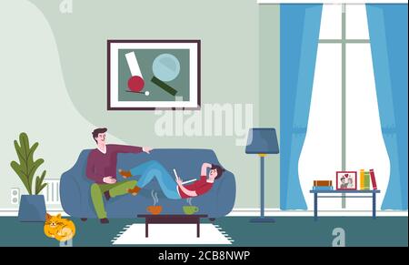 Paar verbringen Zeit zusammen flache Illustration. Glücklicher Freund und Freundin sitzen auf dem Sofa und trinken Tee. Familie kommunizieren und entspannen. Junge Frau und Mann zu Hause Comic-Figuren Stock Vektor