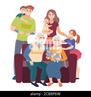 Familie mit Kindern auf der Couch sitzen. Großes Familienportrait. Vektormenschen. Mutter und Vater mit Babys, Kinder und Großeltern Vektorgrafik Stock Vektor