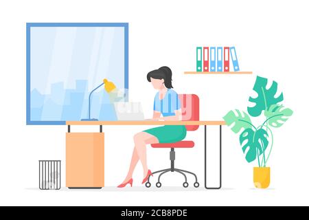 Lady arbeiten mit Laptop flache Vektor-Illustration. Sekretärin, Student Studium, freiberuflicher Zeichentrickfigur. Remote-Job, freiberuflich, Surfen im Internet, Online-Bildung. Arbeitsplatz, Arbeitsplatz Stock Vektor