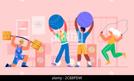 Gym Menschen flach Vektor Illustration. Aerobic, Powerlifting. Sportler trainieren. Aktive gesunde Lebensweise. Bodybuilding und Sport. Sportsman Comic-Figuren. Stock Vektor