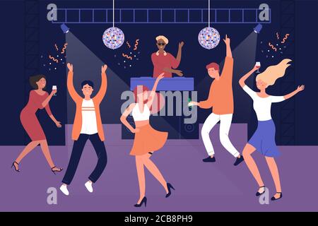 Nachtclub Diskothek Vektor Illustration. Disco Party, Soiree, Tanz, leichte Musik, Unterhaltung. Männliche und weibliche fröhliche Partybesucher, lächelnder DJ und tanzende Menschen flache Charaktere Stock Vektor