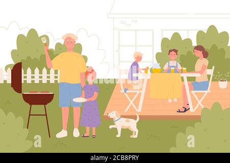 Familie auf Picknick-Vektor-Illustration. Kinder und Eltern, die draußen ruhen, Familienmitglieder, die zusammen flache Charaktere nachbilden. Sommer Garten Freizeit, Grill. Stock Vektor