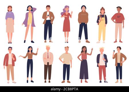 Menschen tragen legere Kleidung Vektor Illustrationen Set. Stilvolle Männer und Frauen Flat Characters Kollektion. Jugendmode, verschiedene Streetwear Styles, trendige Damen und Herren Outfits Stock Vektor