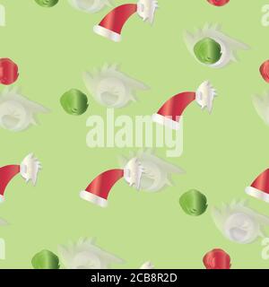 Nahtloses Muster mit Weihnachtsmützen und Schneeflocken auf grünem Hintergrund Stock Vektor