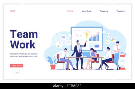 Landing Page-Vorlage von Teamwork Design. Personen, die in einem Team arbeiten und mit Diagrammen interagieren. Diskussion der Unternehmensstrategie. Vektorgrafik für kreative Teams Stock Vektor