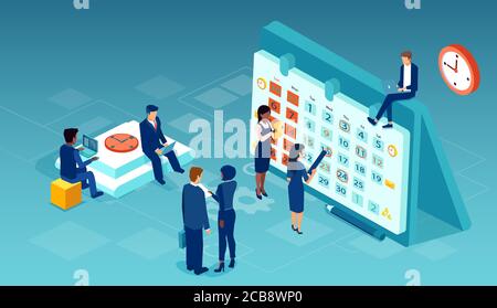 Vektor eines Geschäftsteams, das zusammen arbeitet, um die Tagesordnung für die Planung von Vorgängen zu planen und Mitarbeiterzuweisungen in den Kalender aufzunehmen. Stock Vektor