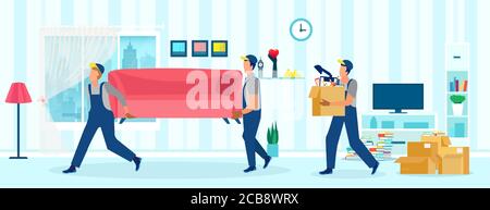 Vektor der Arbeiter mit einem Sofa Umzugsboxen in einem Neues Haus Stock Vektor