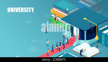 Vektor von Studenten stehen in der Schlange, um Universität in geben Die Form der Graduierung Hut Stock Vektor