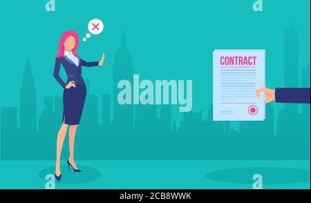 Vektor einer Geschäftsfrau, die ein Stellenangebot ablehnt. Stock Vektor