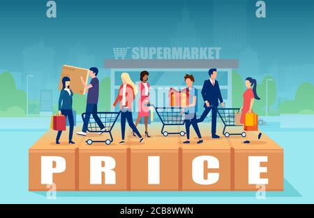 Promotion- und Preiskonzept. Vektor der Käufer mit Einkaufswagen Stock Vektor