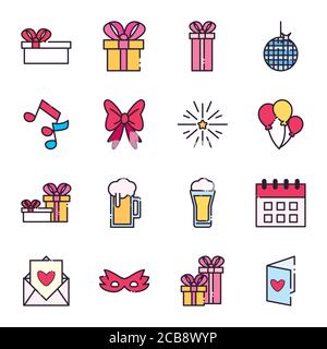 Linie und füllen Stil Icons Kollektion Design, Party Feier Ereignis alles gute Geburtstag Urlaub Überraschung Jubiläum und dekorative Thema Vektor Illustration Stock Vektor