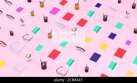 Hochwinkelansicht von Schreibwaren, Gläsern, Büchern und Notizbüchern auf pastellrosa Hintergrund. Schule und Wirtschaft patern. Zurück zur Schule. 3D-Rendering Stockfoto
