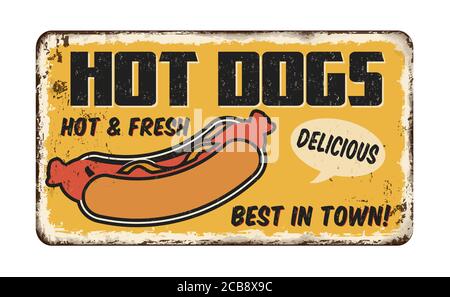 Hot Dogs vintage rostigen Metall-Zeichen auf einem weißen Hintergrund, Vektor-Illustration Stock Vektor