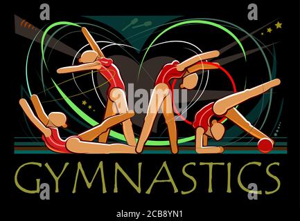 Rhythmische Gymnastik. Team von Mädchen Turner. Vektordarstellung auf schwarzem Hintergrund isoliert. Silhouetten von Sportlerinnen mit Sportgeräten. Springen Stock Vektor